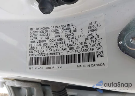 2021 Honda Civic Sport из США, поврежденный, VIN 2HGFC2F80MH547976